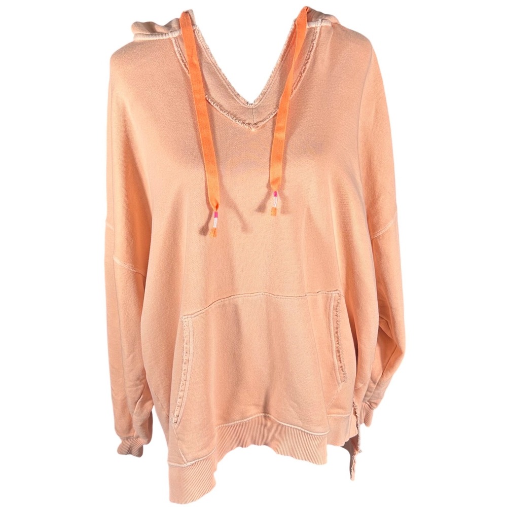 Aerie Hoodie Women Large Peach Orange Oversized Raw Edge V-Neck Sweatshirt